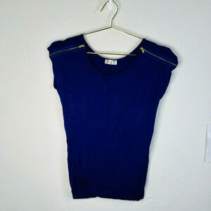 2K4 Women's Navy Blue Cap Sleeve Top Small Gold Zipper Detail Casual Chic